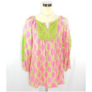 Crown & Ivy Small Seahorses Boho Poet's Blouse Tunic Top w Green Crochet Trim
